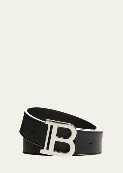 Shop Balmain Kid's B Logo Buckle Leather Belt In Black/white