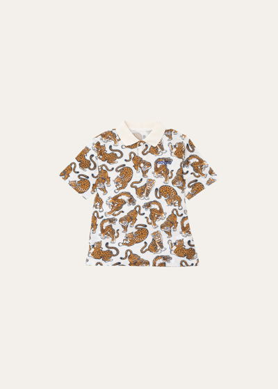 Shop Kenzo Boy's Allover Tiger-print Polo Shirt In Off White