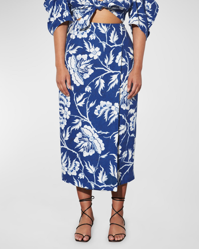 Shop Mara Hoffman Sunja Two-tone Floral High-waist Midi Pencil Skirt In Nvy Wht