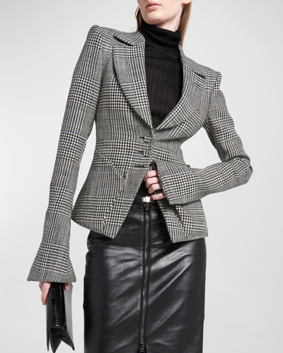 Shop Tom Ford Prince Of Wales Fitted Wool Blazer Jacket In Black &amp; Ch
