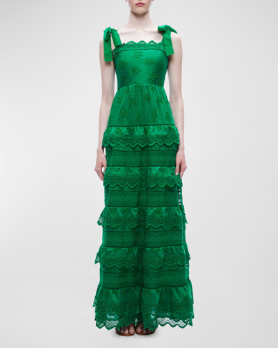 Shop Alice And Olivia Vega Eyelet Tiered Maxi Dress In Emerald