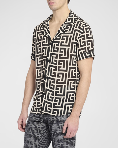 Shop Balmain Men's Macro Monogram Pajama Shirt In Ivory/black