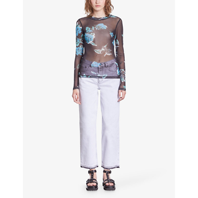 Shop The Kooples Womens Black Blue Floral-print Long-sleeve Stretch-woven Mesh Top