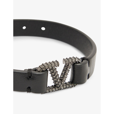 Shop Valentino Garavani Womens Nero/black Diamond Vlogo Crystal-embellished Logo-plaque Leather Bracelet