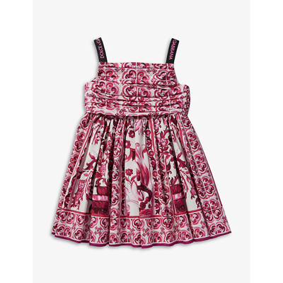 Shop Dolce & Gabbana Girls Tris Maioliche Fuxia Kids Senza Graphic-pattern Gathered Cotton Dress 8-12 Yea