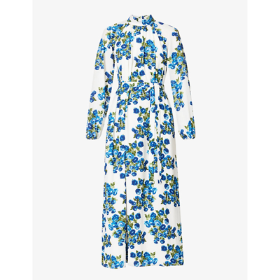 Shop Emilia Wickstead Womens Blue Flower Bouquet Elanda Floral-print Stretch-woven Midi Dress
