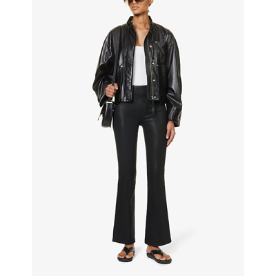 Shop Frame Women's Noir Coated The Jetset Flared High-rise Stretch-denim Jeans