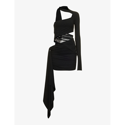 Shop Mugler Womens Black Asymmetric-neck Draped-panel Stretch-woven Mini Dress