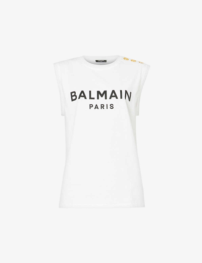 Shop Balmain Women's Blanc Noir Brand-print Gold-tone-hardware Cotton-jersey Vest