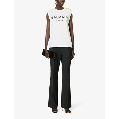 Shop Balmain Women's Blanc Noir Brand-print Gold-tone-hardware Cotton-jersey Vest