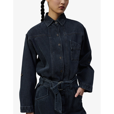 Soeur Lion Asymmetric-collar Denim Shirt In Black
