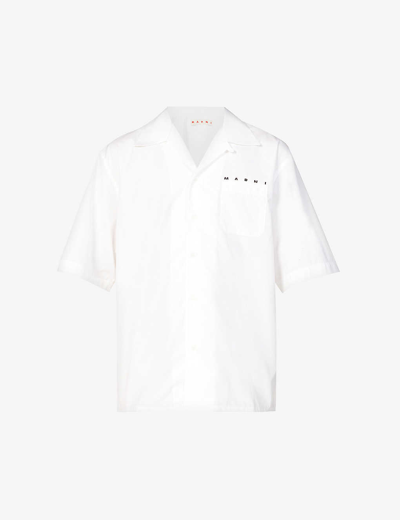 Shop Marni Mens Lily White Brand-print Patch-pocket Boxy-fit Cotton-poplin Shirt