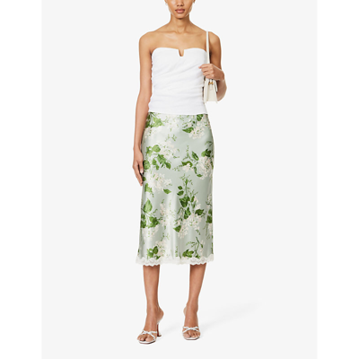 Shop Reformation Women's Tea Garden Arie Floral-pattern Lace-trim Silk Midi Skirt