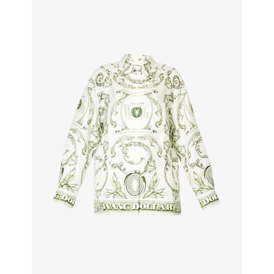 Shop Alexander Wang Women's Ivory Green Graphic-print Split-hem Relaxed-fit Silk Blouse