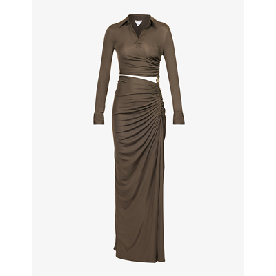 Shop Bottega Veneta Women's Olive Knot Slim-fit Cut-out Woven Maxi Dress