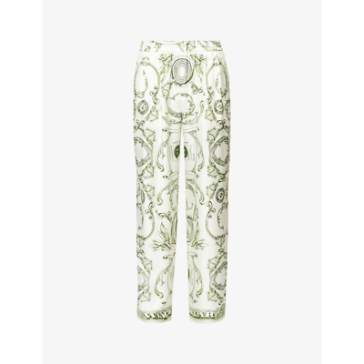 Shop Alexander Wang Womens Ivory Green Graphic-print Slip-pocket High-rise Wide-leg Silk Trousers