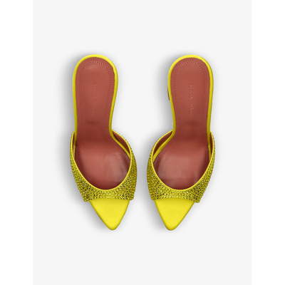 Shop Amina Muaddi Caroline Crystal-embellished Satin Heeled Sandals In Yellow