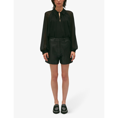 Shop Claudie Pierlot Women's Noir / Gris Camille Mid-rise Straight-fit Leather Shorts
