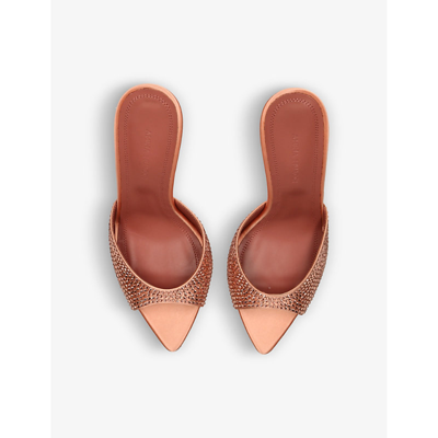 Shop Amina Muaddi Caroline Crystal-embellished Satin Heeled Sandals In Peach