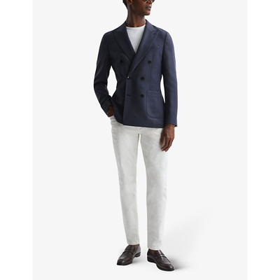 Shop Reiss Men's Blue Admire Double-breasted Textured Stretch Wool-blend Blazer