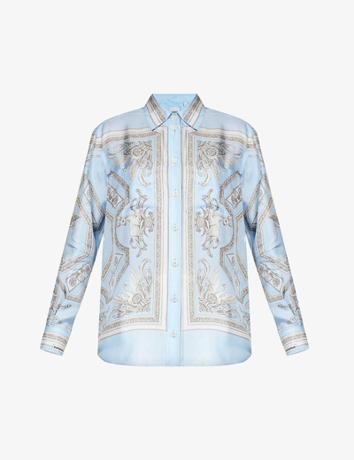 Shop Burberry Women's Pale Blue Ip Pat Ivanna Landmark-print Silk Shirt