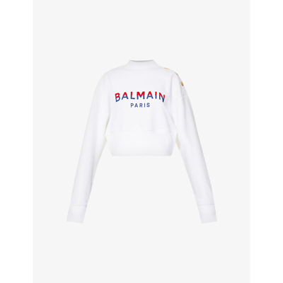 Shop Balmain Women's Blancrouge Vifmarine Logo-print Button-embellished Cotton Sweatshirt