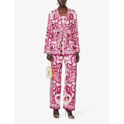Shop Dolce & Gabbana Pantal Graphic-print High-rise Wide-leg Silk Trousers In Tris Maioliche Fuxia
