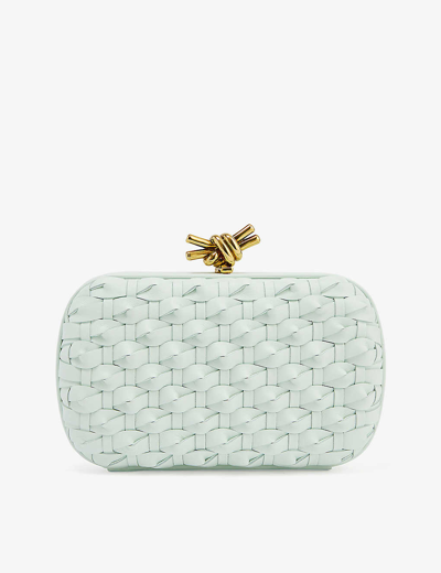 Shop Bottega Veneta Women's Glacier-muse Brass Knot Intrecciato-woven Leather Clutch Bag