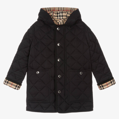 Shop Burberry Boys Black Button Up Quilted Long Coat