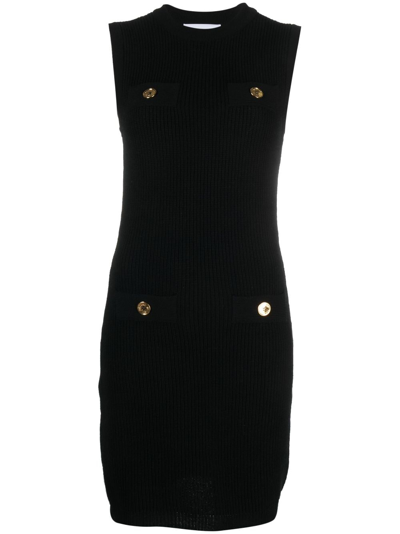 Shop Moschino Buttoned Ribbed-knit Dress In Black