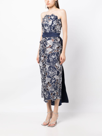 Shop Marchesa Notte Floral-lace Bandeau Midi Dress In Blue