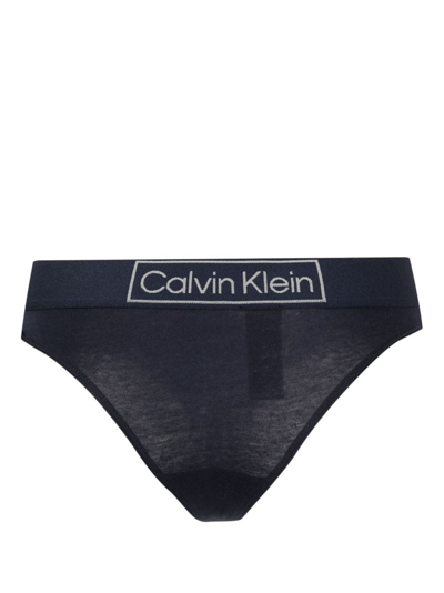 Shop Calvin Klein Logo-waistband Cotton Thong In Blue