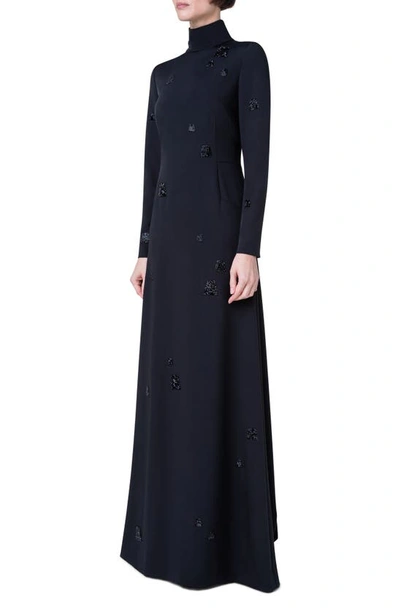 Shop Akris Beaded Trapezoid Long Sleeve Stretch Silk Crepe Gown In 009 Black