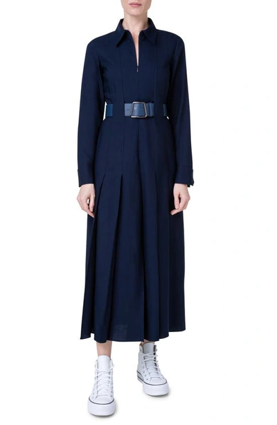 Shop Akris Logo Belt Long Sleeve Wool Mousseline Dress In 079 Navy