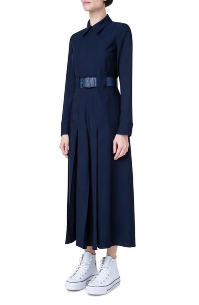 Shop Akris Logo Belt Long Sleeve Wool Mousseline Dress In 079 Navy