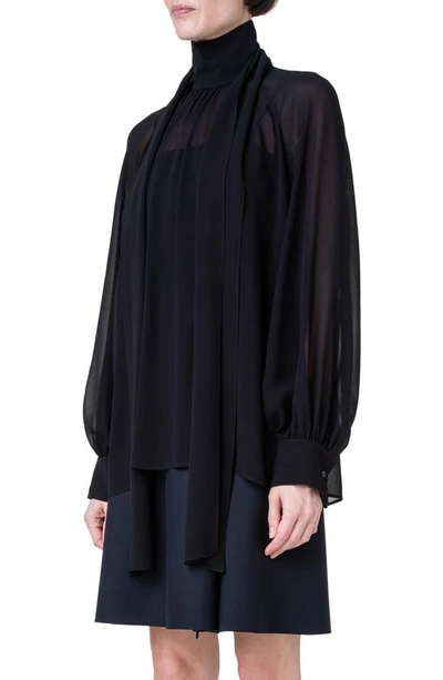 Shop Akris Tie Neck Silk Georgette Blouse In Black