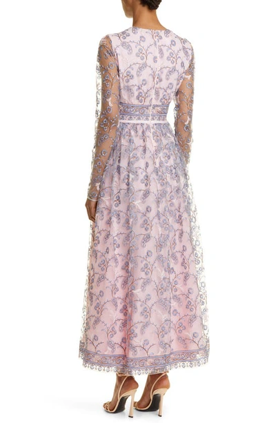Shop Giambattista Valli Floral Embroidered Long Sleeve Gown In Light Blue/ Rose