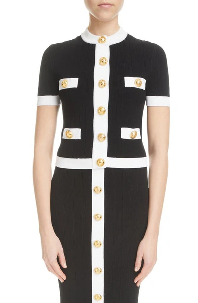 Shop Balmain Button Detail Short Sleeve Cardigan In Eab Black/ White