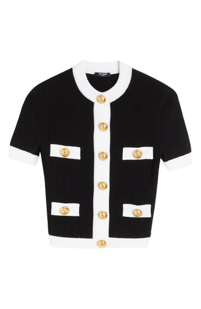 Shop Balmain Button Detail Short Sleeve Cardigan In Eab Black/ White