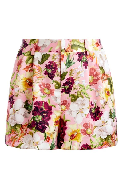 Shop Alice And Olivia Conry Floral Pleated High Waist Shorts In Juniper Floral Rose