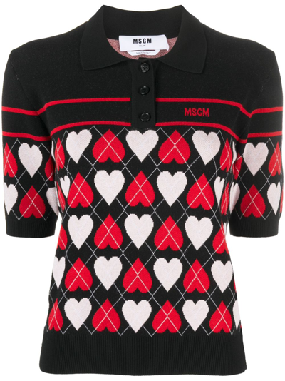Shop Msgm Intarsia-knit Logo Polo Top In Black