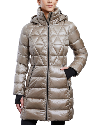 Shop Anne Klein Women's Shine Hooded Packable Puffer Coat In Taupe