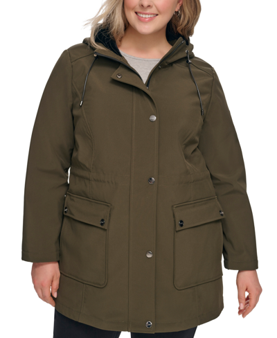Shop Dkny Women's Plus Size Drawstring-hood Snap-front Anorak Raincoat In Loden