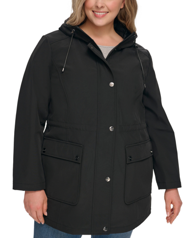 Shop Dkny Women's Plus Size Drawstring-hood Snap-front Anorak Raincoat In Black