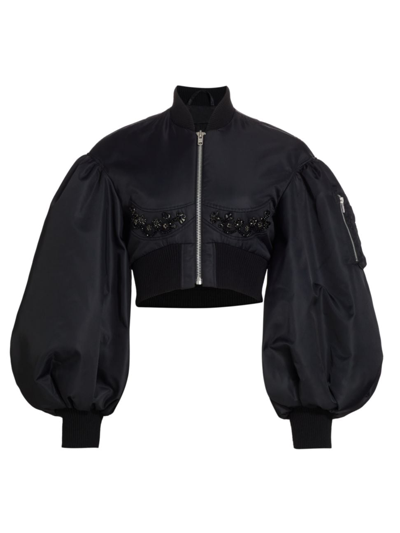 Shop Simone Rocha Women's Embellished Satin Cropped Bomber Jacket In Black Jet
