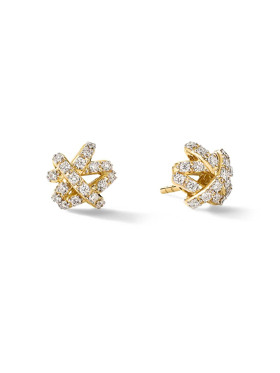 Shop David Yurman Women's The Crossover Collection Stud Earrings In 18k Yellow Gold With Full Pavé Diamonds