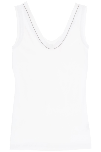 Shop Brunello Cucinelli Ribbed Tank Top With Shiny Collar In White
