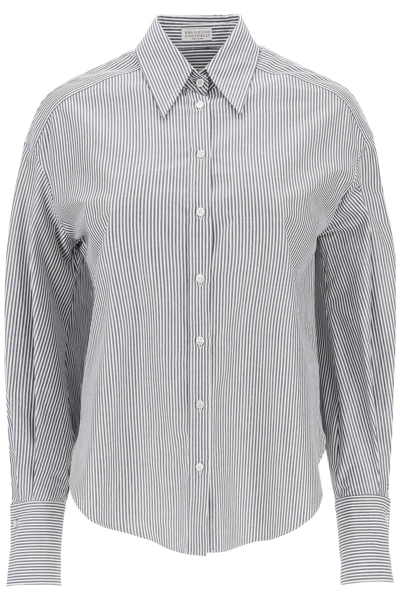 Shop Brunello Cucinelli Striped Oxford Shirt With Lurex In White,blue
