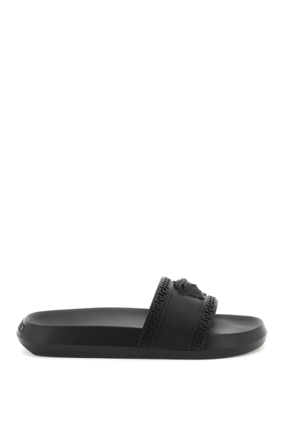 Shop Versace 'palazzo' Rubber Slides In Black