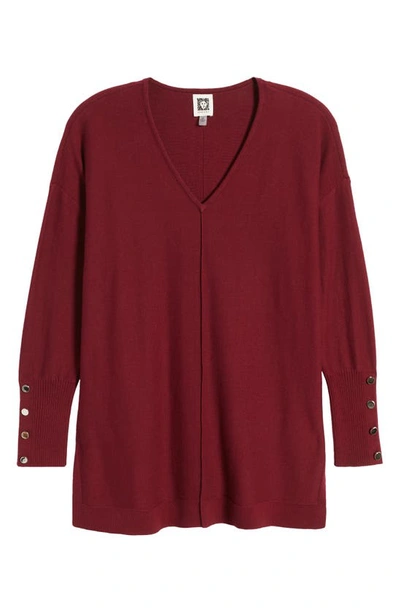 Shop Anne Klein Button Cuff V-neck Sweater In Chianti